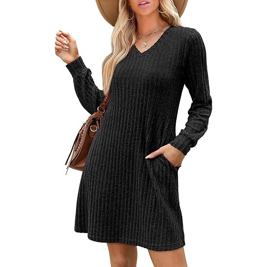 Solid Color Comfortable V-Neck Knitted Pattern Long Sleeve Casual Dress For Women