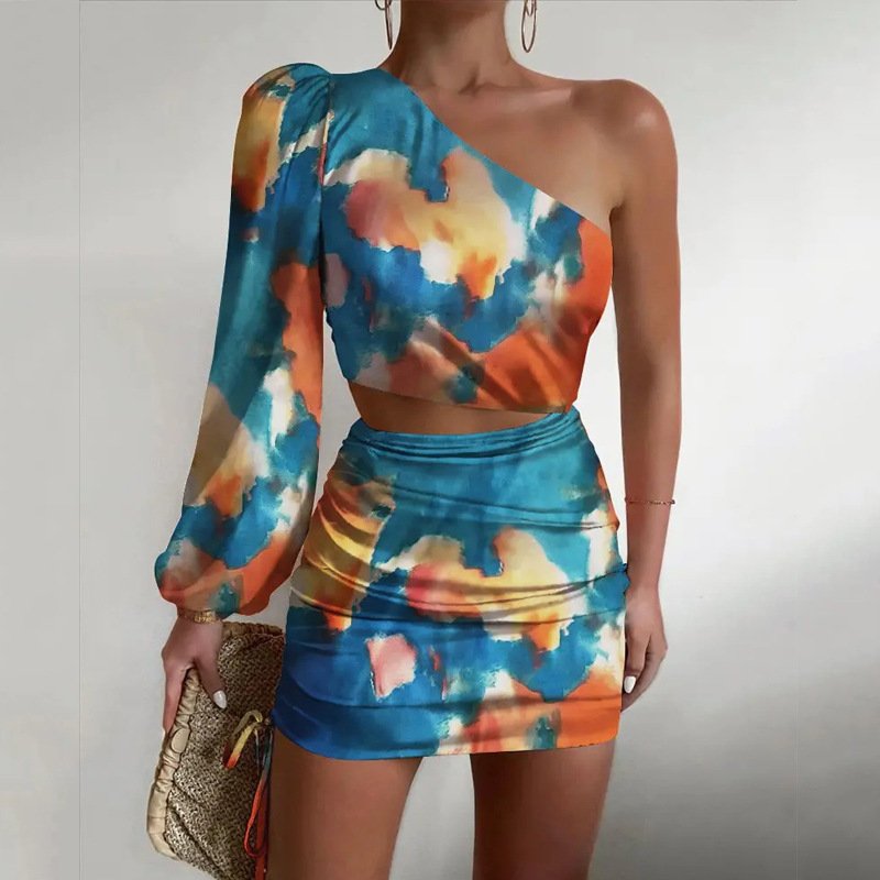 Custom 2023 Irregular New Long-sleeved Satin Hollow Print Summer Dress Factory Customize Midi Casual Dresses