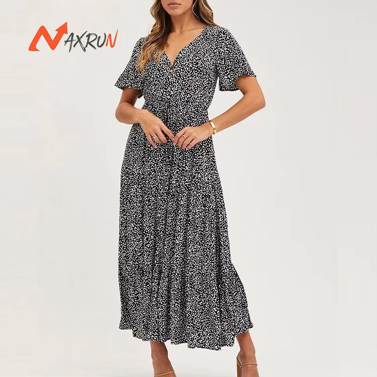 ladies dress for women clothing manufacturers elegant custom logo dot printed V-neck button front short sleeve midi dresses