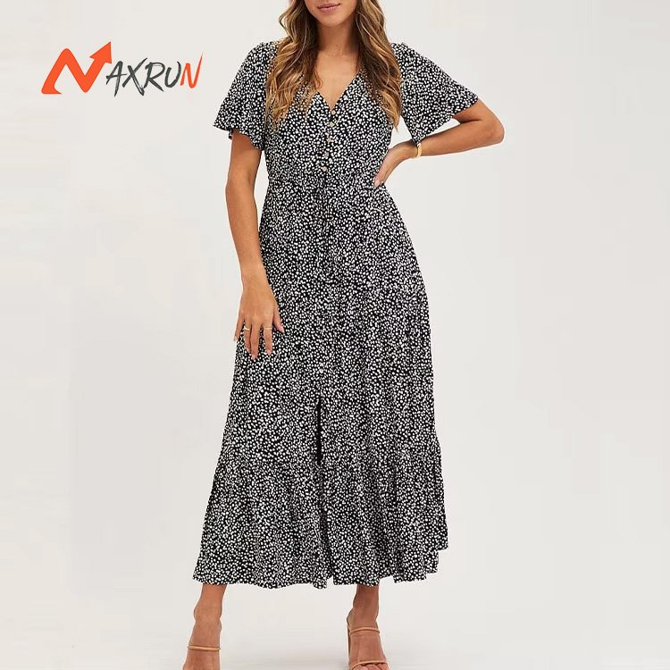 ladies dress for women clothing manufacturers elegant custom logo dot printed V-neck button front short sleeve midi dresses