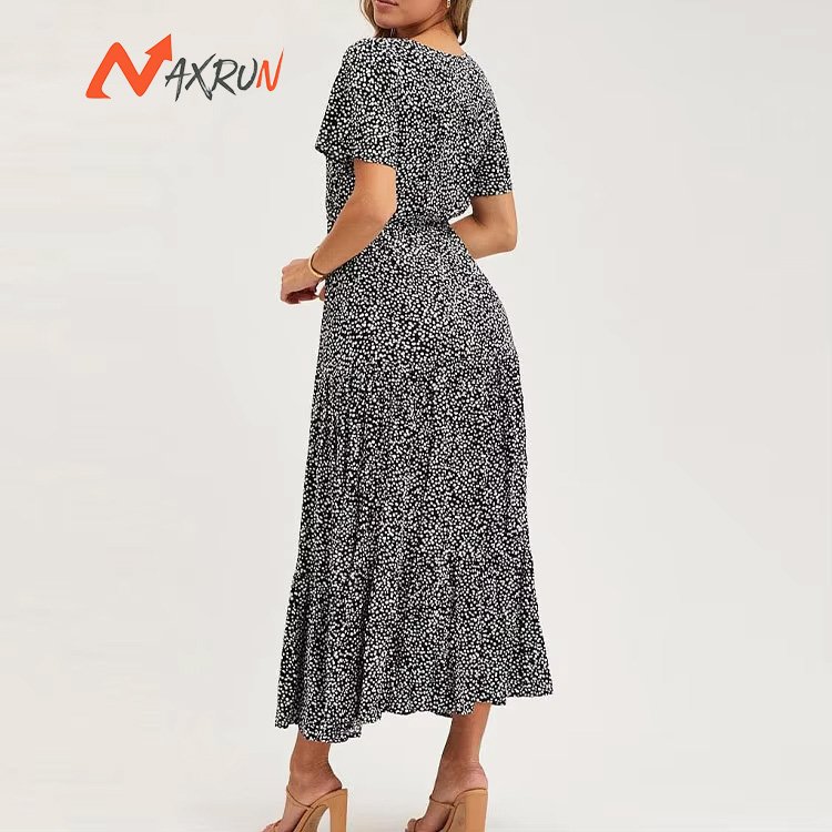 ladies dress for women clothing manufacturers elegant custom logo dot printed V-neck button front short sleeve midi dresses