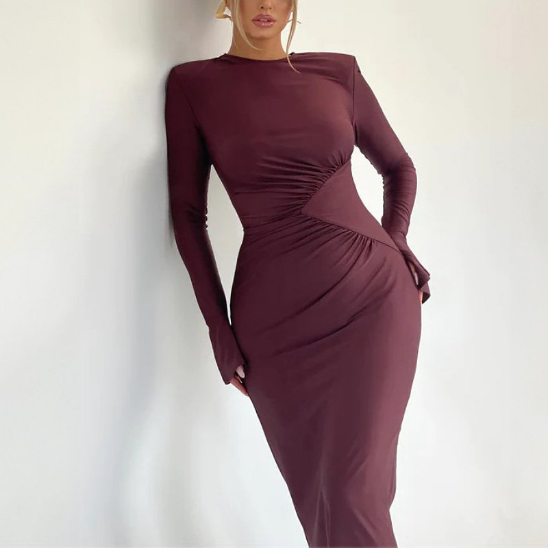 ladies clothing women lady temperament elegant sexy casual dresses statement pleated slim fit long sleeve women's maxi dress