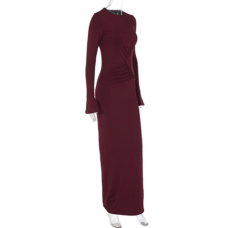 ladies clothing women lady temperament elegant sexy casual dresses statement pleated slim fit long sleeve women's maxi dress