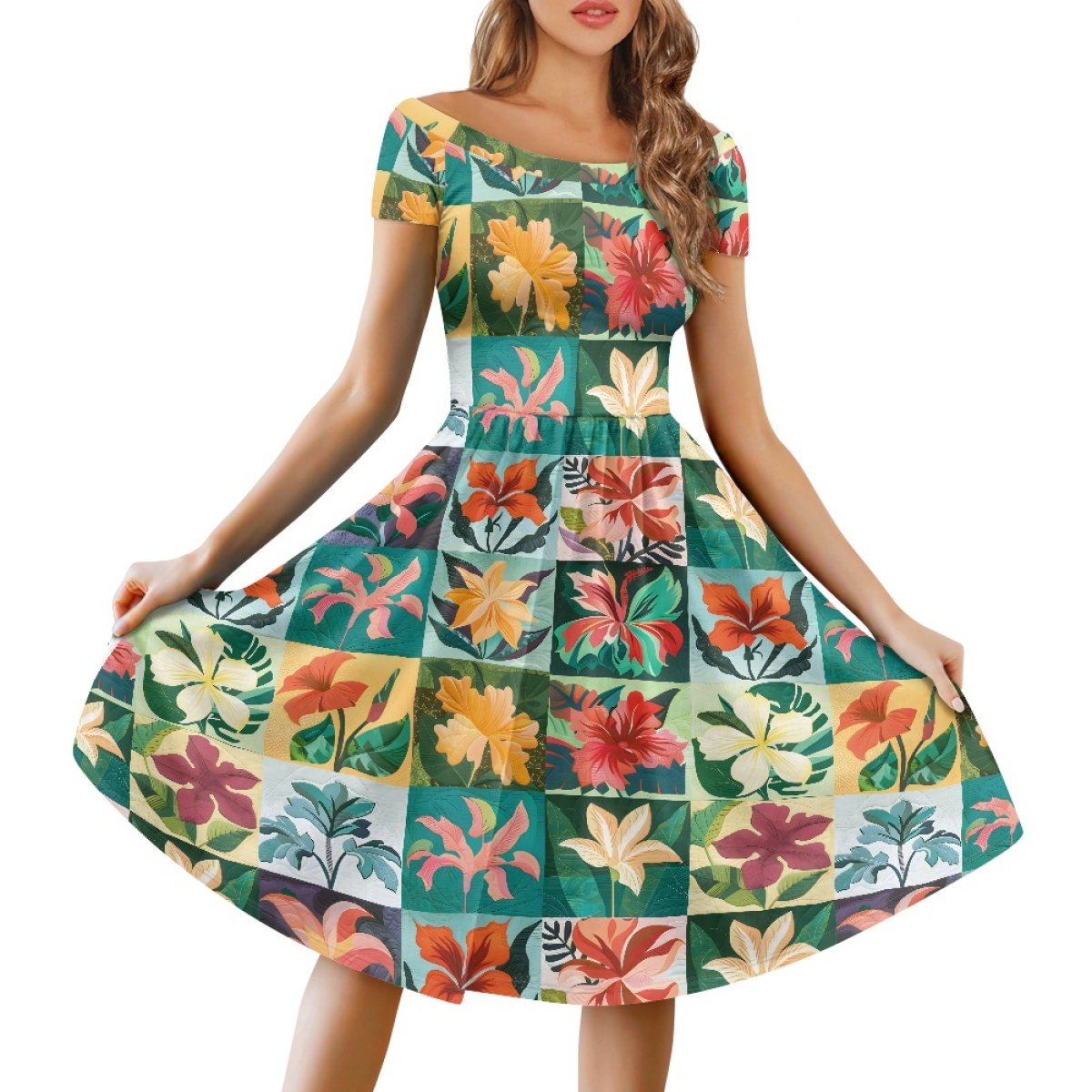 Dropshipping Clothing Women Custom Aloha Quilt Elegant Loose Plus Size Women's Off Shoulder Short Sleeve Dress Print On Demand