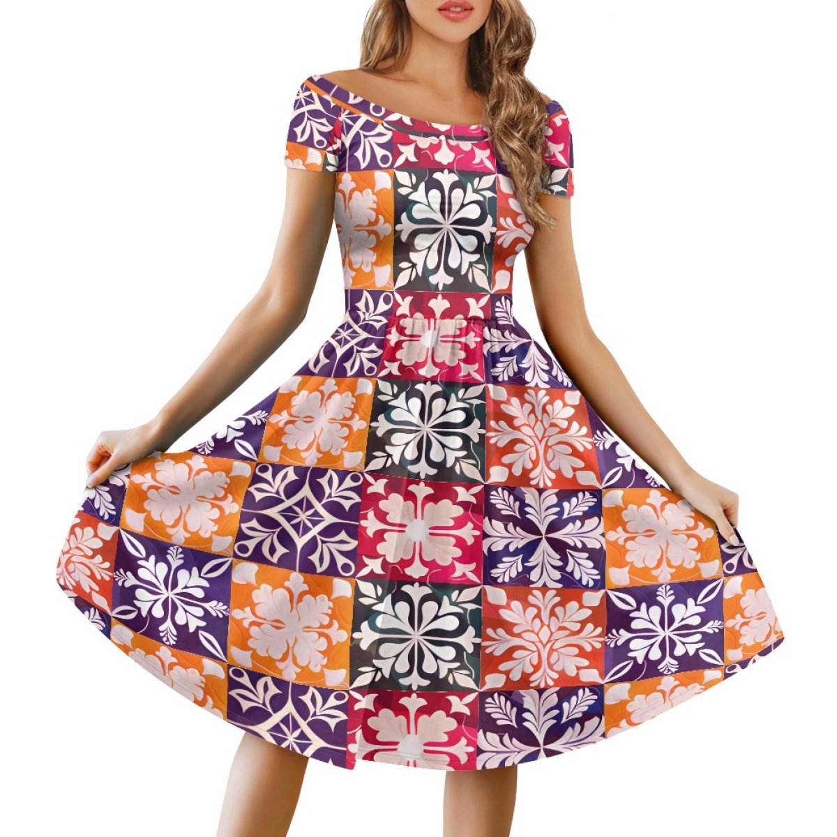 Dropshipping Clothing Women Custom Aloha Quilt Elegant Loose Plus Size Women's Off Shoulder Short Sleeve Dress Print On Demand