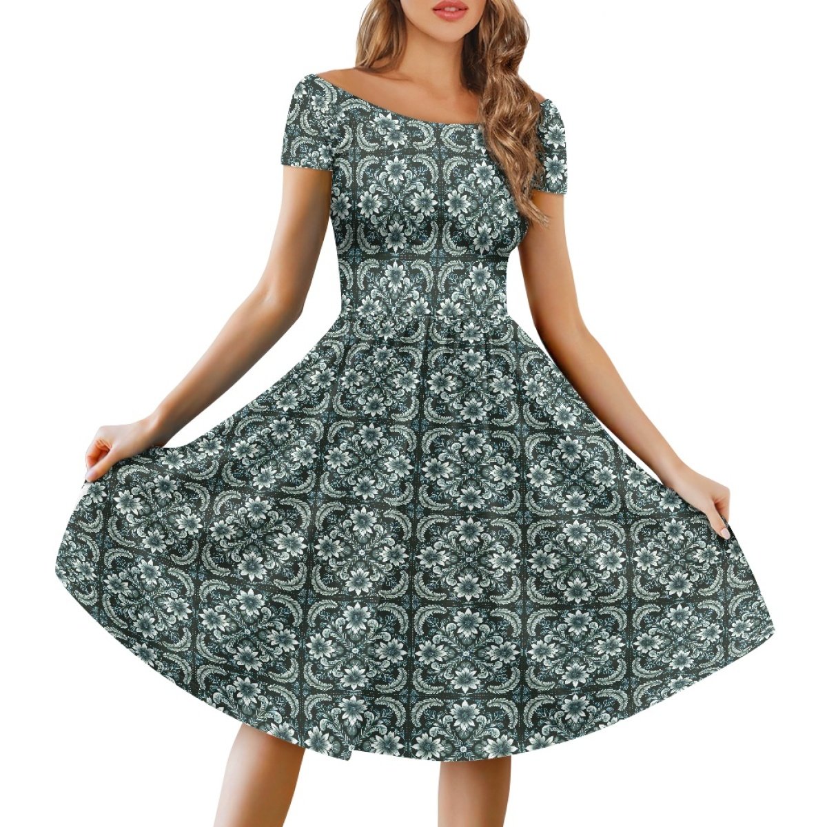 Dropshipping Clothing Women Custom Aloha Quilt Elegant Loose Plus Size Women's Off Shoulder Short Sleeve Dress Print On Demand