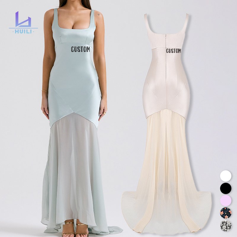 HL factory elegant women summer slip backless long maxi evening dress wholesale custom designer split silk satin dress