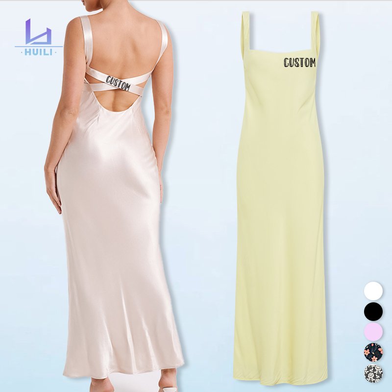 HL factory elegant women summer slip backless long maxi evening dress wholesale custom designer split silk satin dress