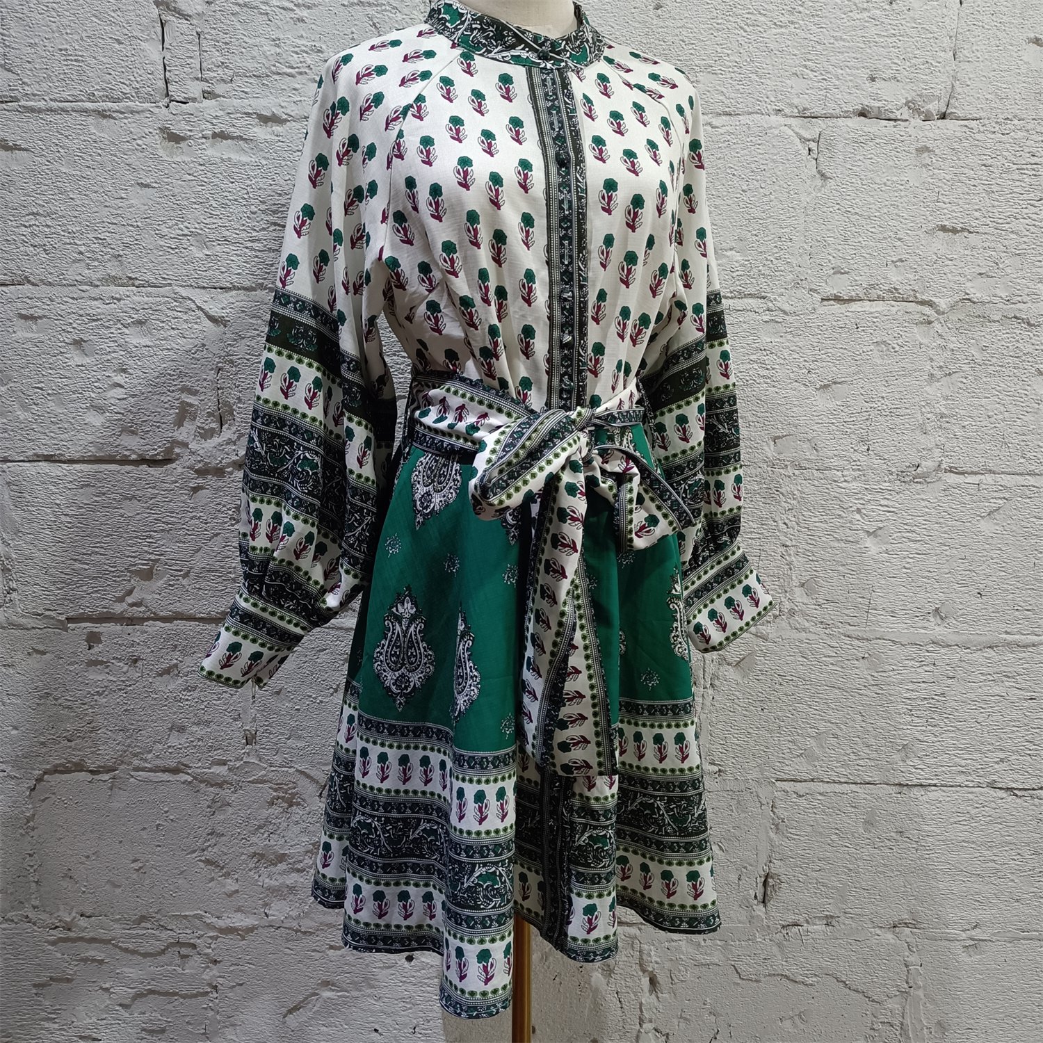 2023 Spring Casual Bohemian Floral Print Dress Women Long Sleeve Knitted 100% Linen Dress with Belt