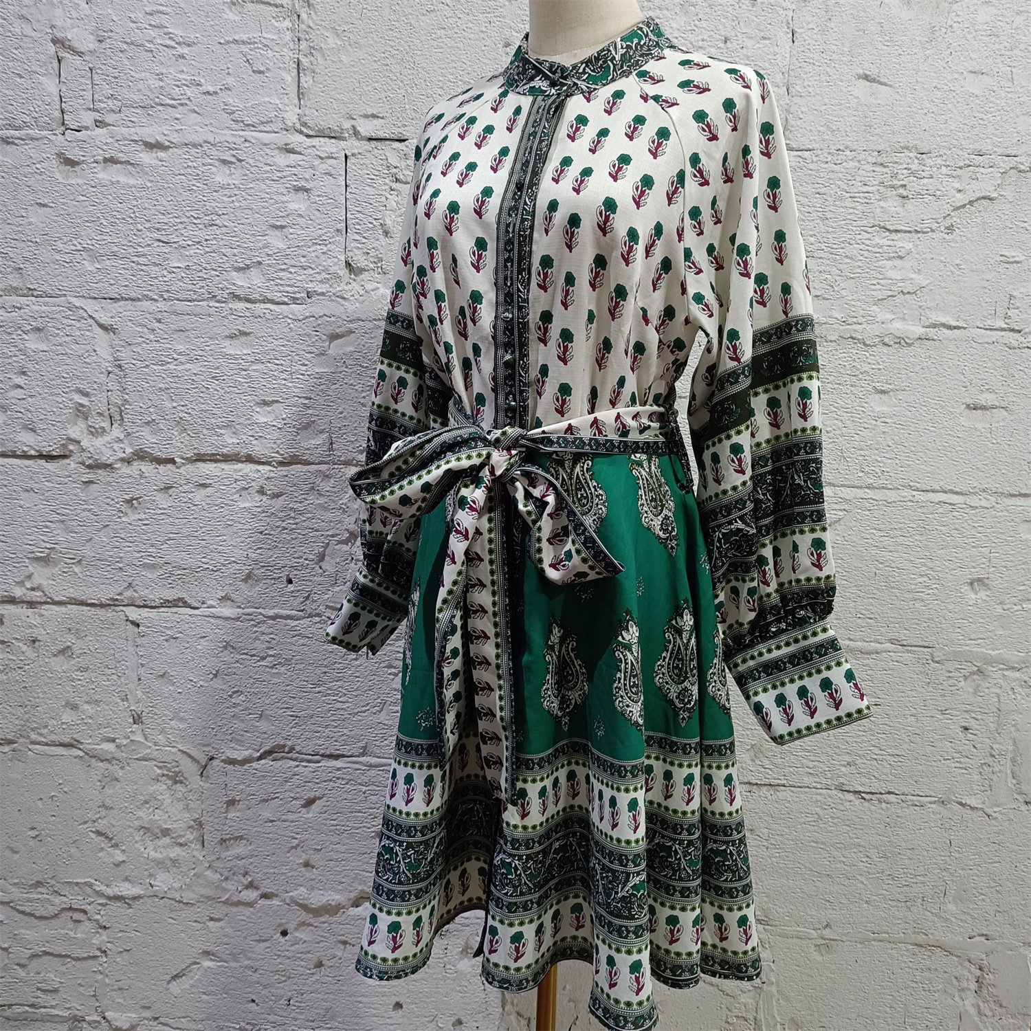 2023 Spring Casual Bohemian Floral Print Dress Women Long Sleeve Knitted 100% Linen Dress with Belt