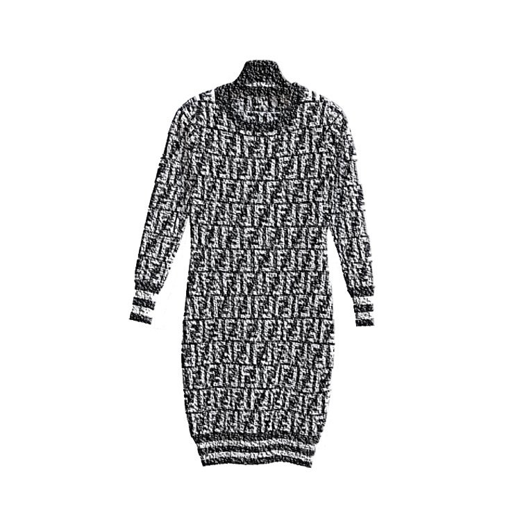 Autumn and winter splicing medium long-sleeved round neck knitted sweater geometric pattern hip skirt Lycra casual dress