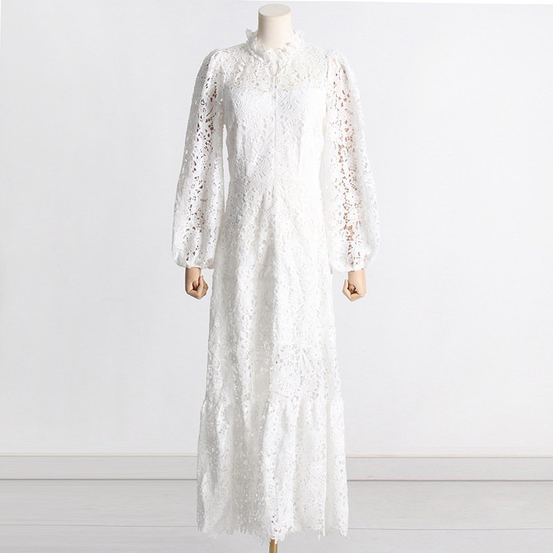 2023 Summer New Stand-up Collar Heavy Industry Embroidery Hollow Design Sense Waist Slimming Fashion Temperament Long Dress