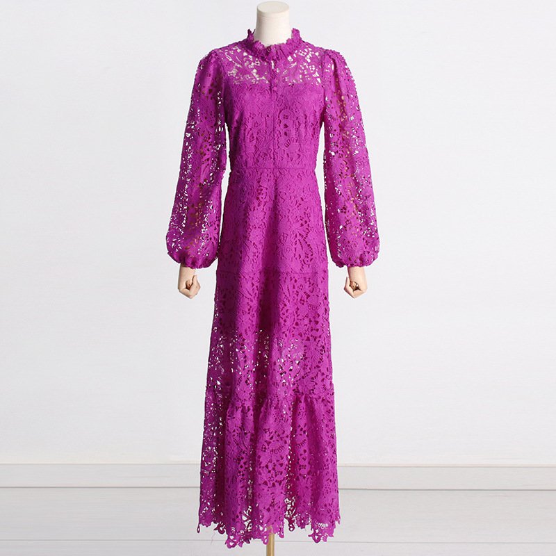 2023 Summer New Stand-up Collar Heavy Industry Embroidery Hollow Design Sense Waist Slimming Fashion Temperament Long Dress