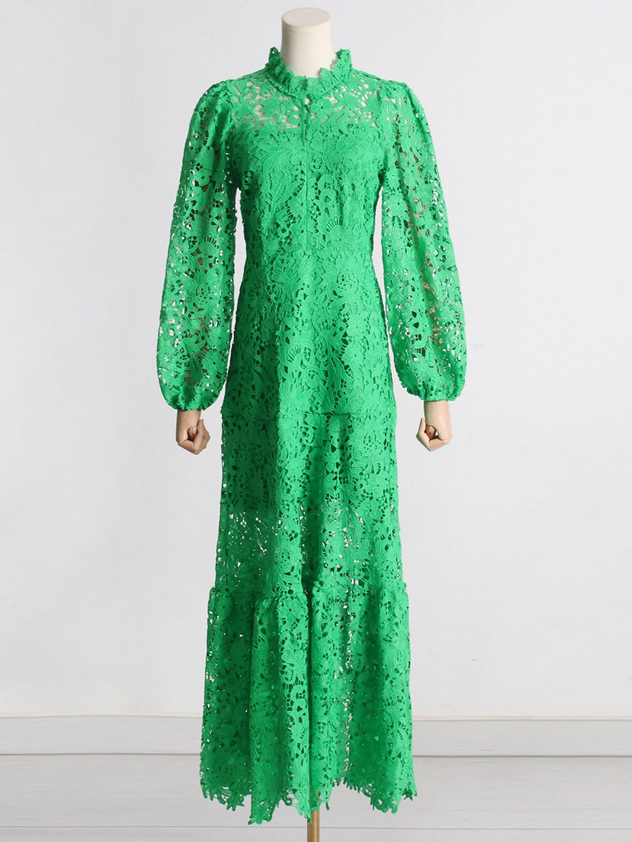 2023 Summer New Stand-up Collar Heavy Industry Embroidery Hollow Design Sense Waist Slimming Fashion Temperament Long Dress