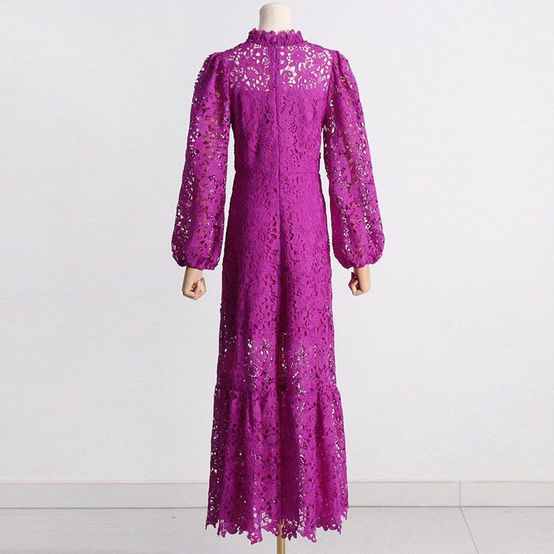 2023 Summer New Stand-up Collar Heavy Industry Embroidery Hollow Design Sense Waist Slimming Fashion Temperament Long Dress