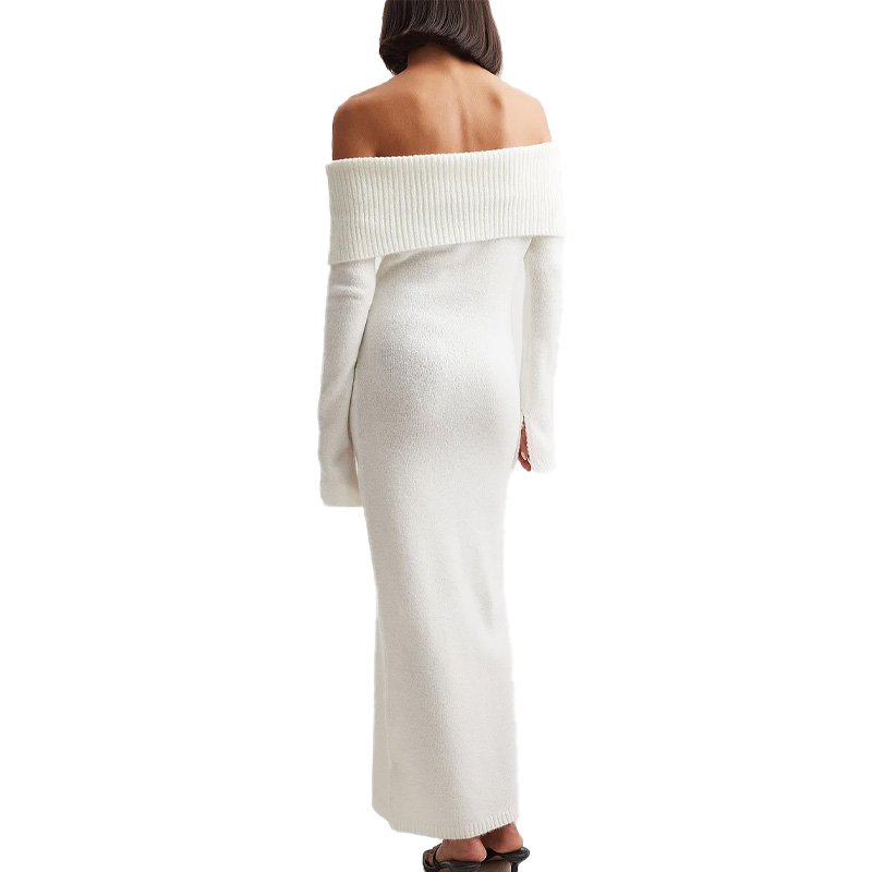 New Arrivals Wholesale Custom Fashion Off-the-shoulder Knitted Overfold Midi Dress
