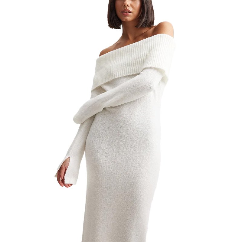 New Arrivals Wholesale Custom Fashion Off-the-shoulder Knitted Overfold Midi Dress