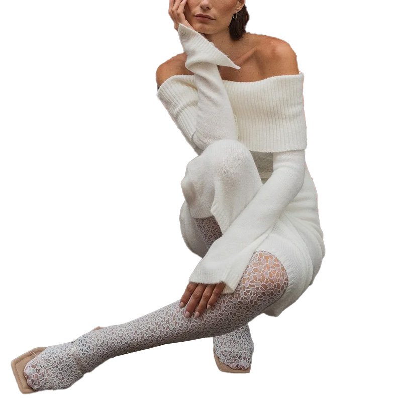 New Arrivals Wholesale Custom Fashion Off-the-shoulder Knitted Overfold Midi Dress