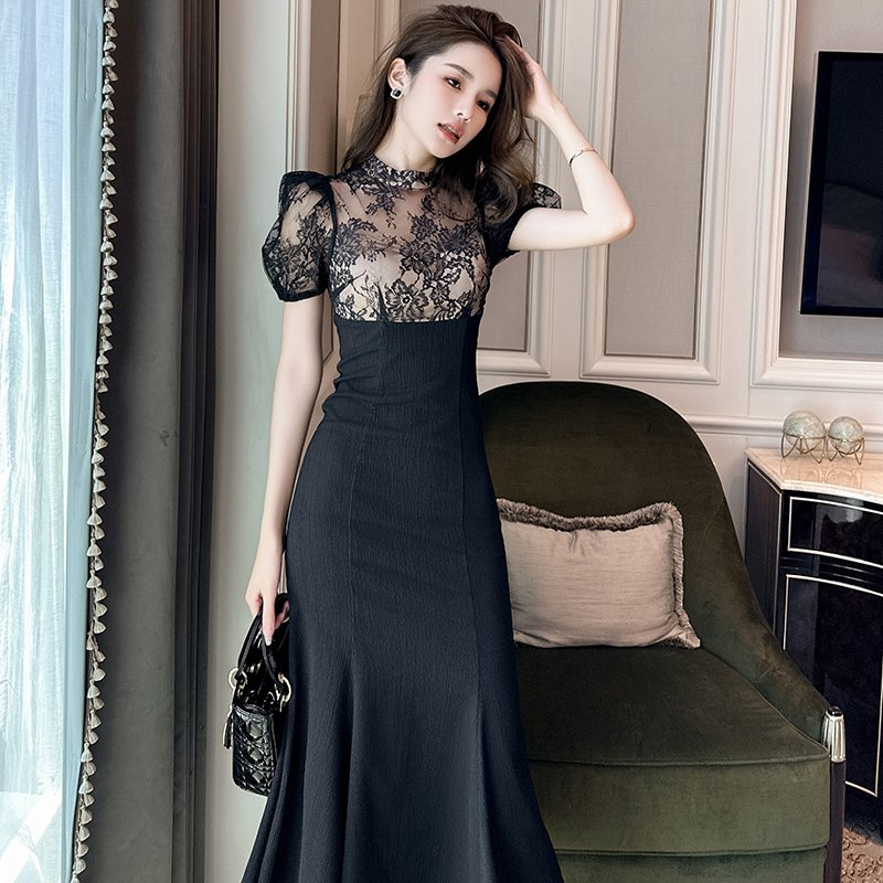 ZYHT 10544 Sexy See Through High Waist Lace Patchwork Bodycon One-piece Dress Black Pack Hip Splicing Mermaid Women Dress