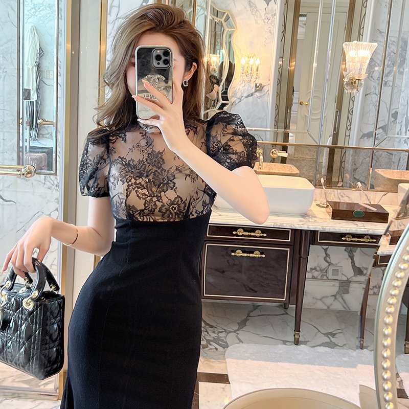 ZYHT 10544 Sexy See Through High Waist Lace Patchwork Bodycon One-piece Dress Black Pack Hip Splicing Mermaid Women Dress