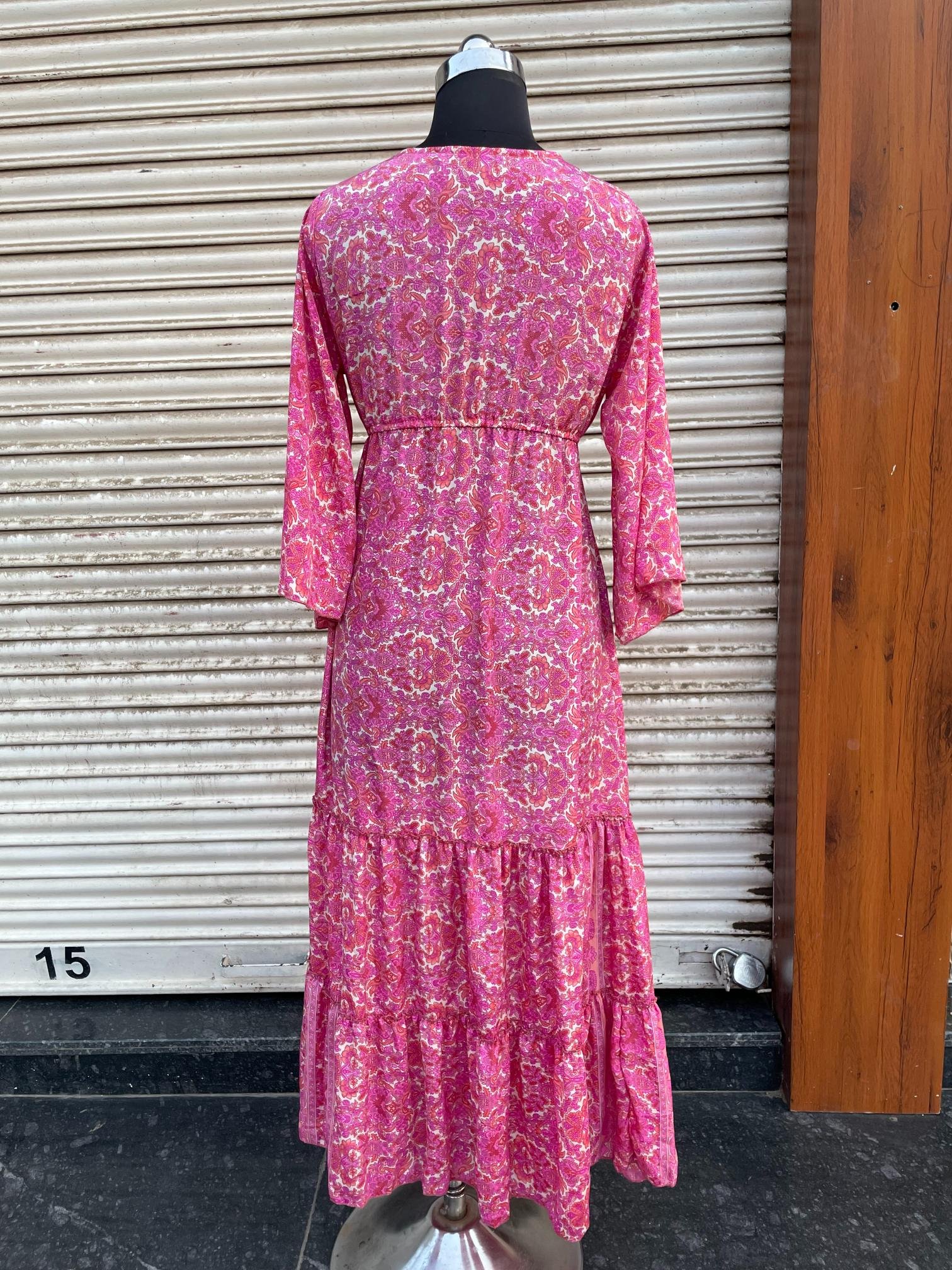 Latest design Casual dresses Beachwear Full Sleeves 100% Silk Fabric Night Wear Dressing Gown Casual polysilk dress