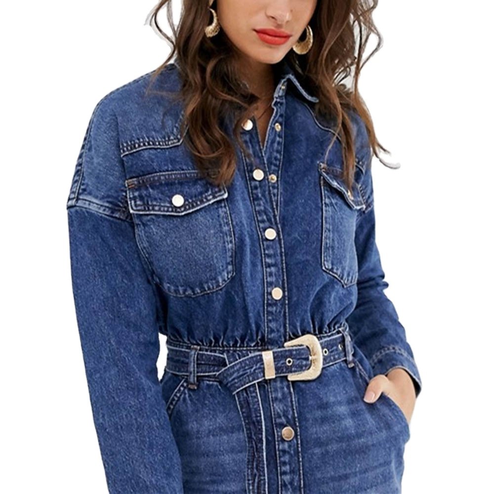 Latest style mid blue wash buttons up skirts casual denim jeans midi dress