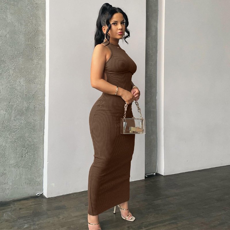 L33200 sexy solid color maxi dresses backless rib knit sleeveless skinny halter hollow out split ladies dress