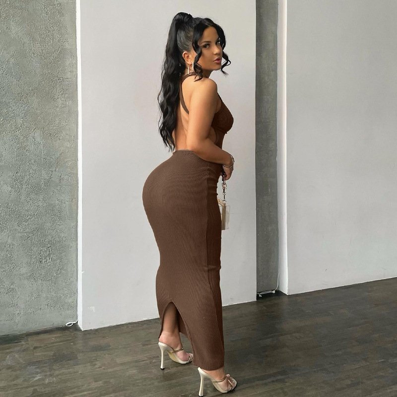 L33200 sexy solid color maxi dresses backless rib knit sleeveless skinny halter hollow out split ladies dress