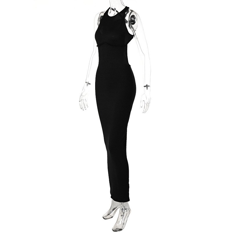 L33200 sexy solid color maxi dresses backless rib knit sleeveless skinny halter hollow out split ladies dress