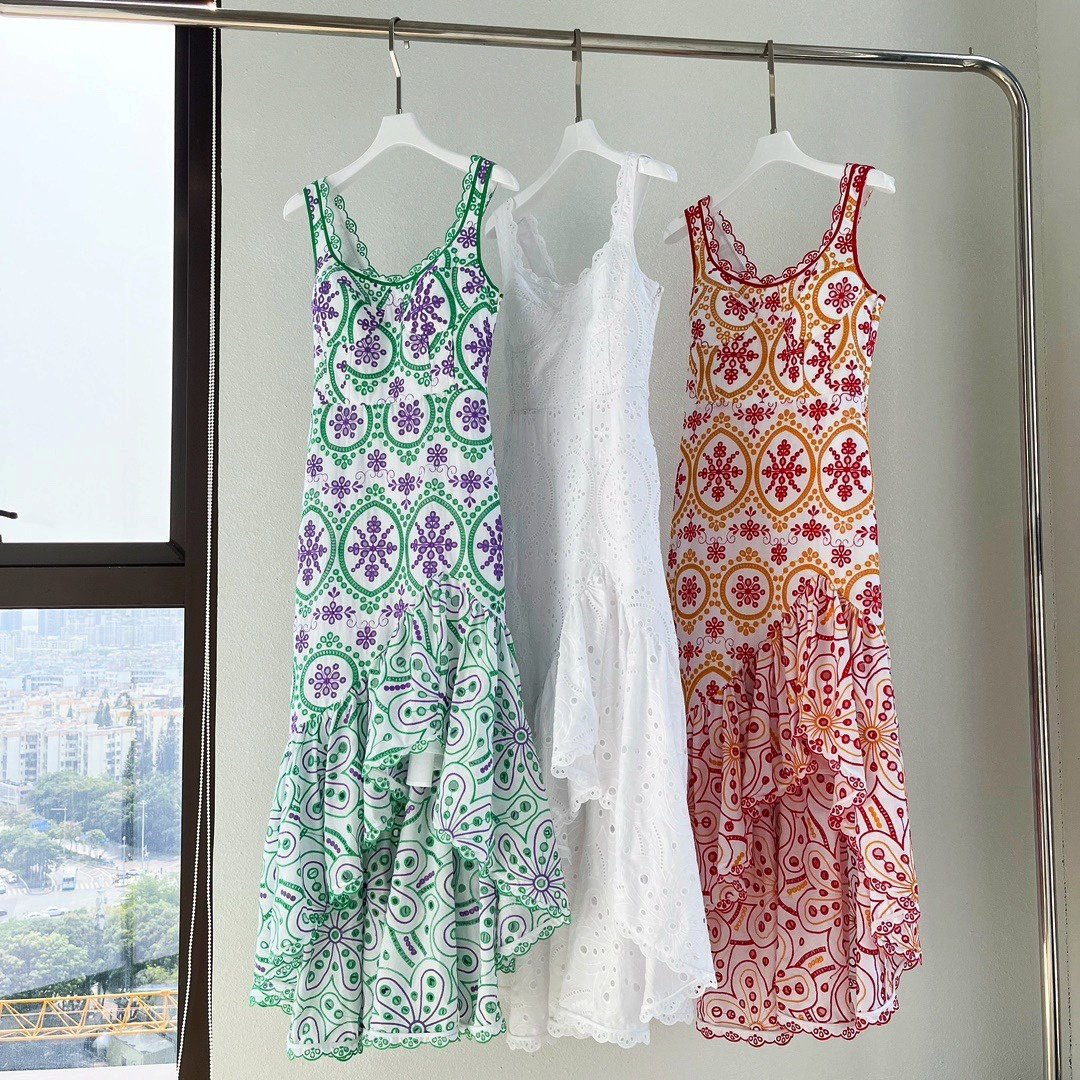 2024 Summer New Fashionable Hollow Embroidery Square Collar Ruffle Irregular Skirt Long Dress