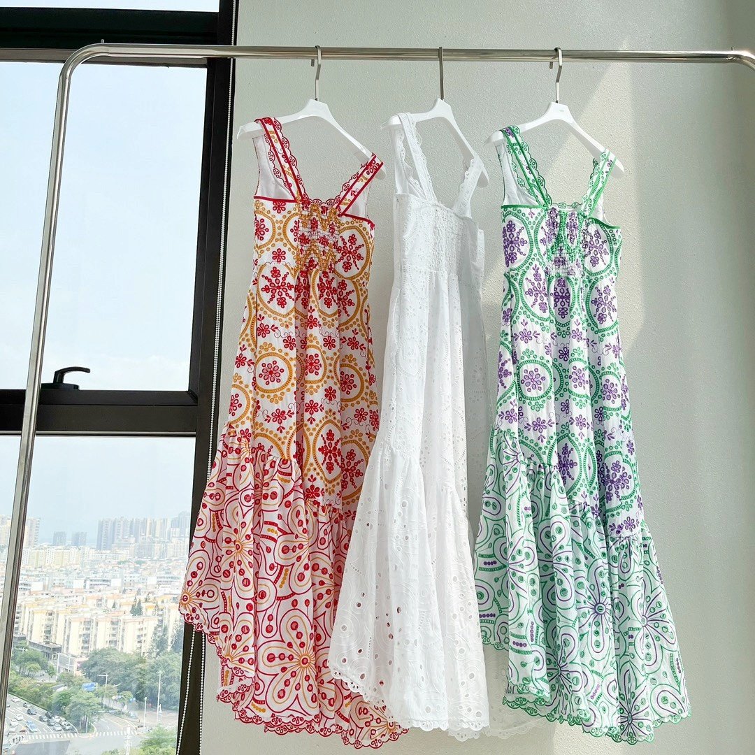 2024 Summer New Fashionable Hollow Embroidery Square Collar Ruffle Irregular Skirt Long Dress