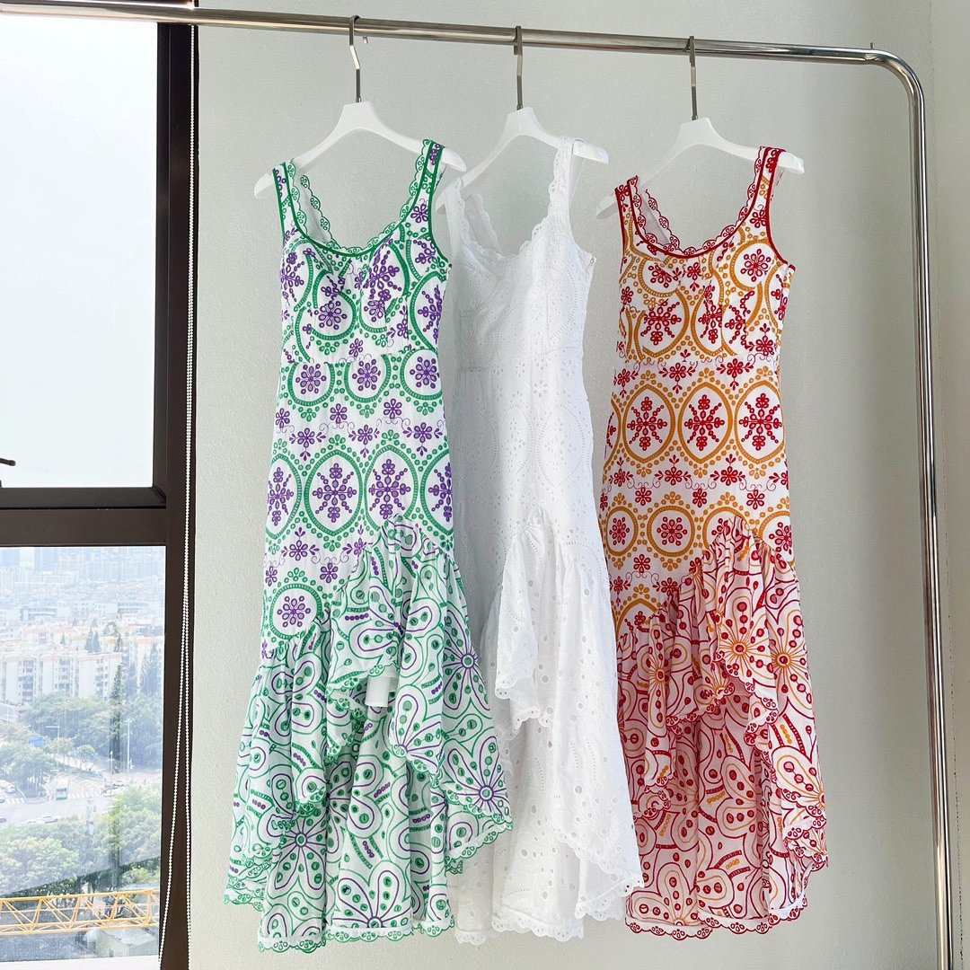 2024 Summer New Fashionable Hollow Embroidery Square Collar Ruffle Irregular Skirt Long Dress