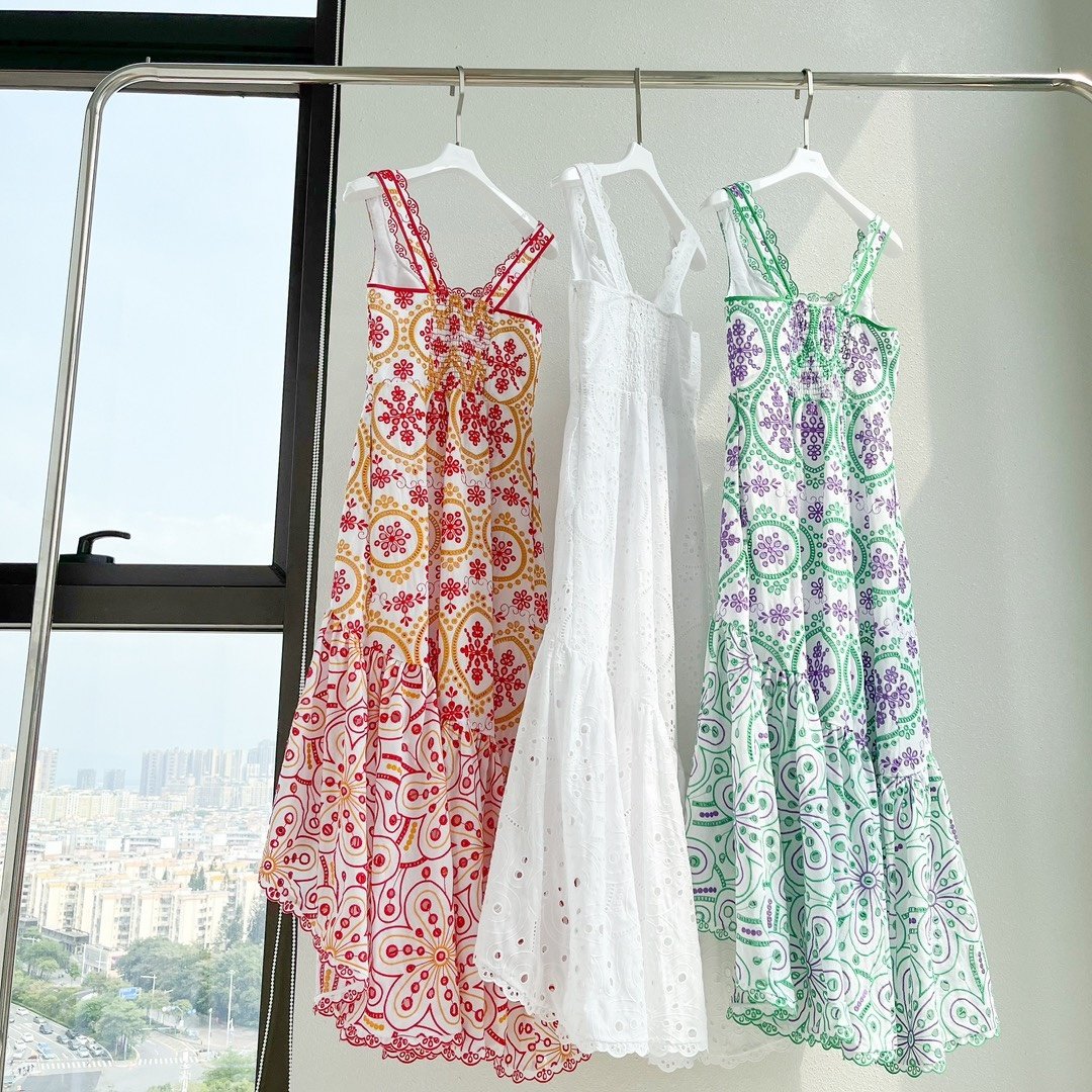 2024 Summer New Fashionable Hollow Embroidery Square Collar Ruffle Irregular Skirt Long Dress