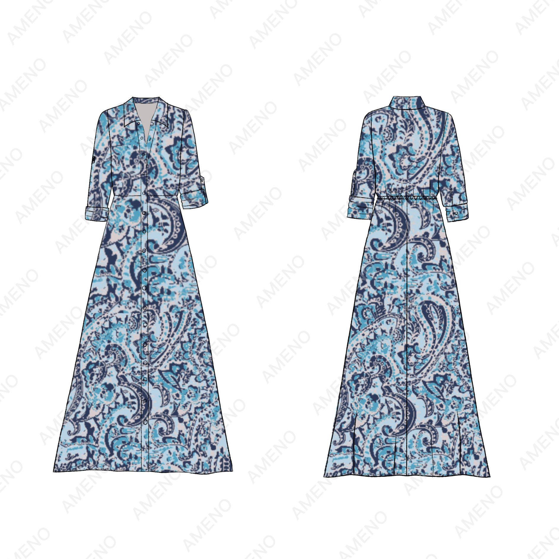 Custom Long Sleeved Casual Maxi Shirt Dress Elegant Daily Vacation Print Loose Breathable Dress For Women With Belt