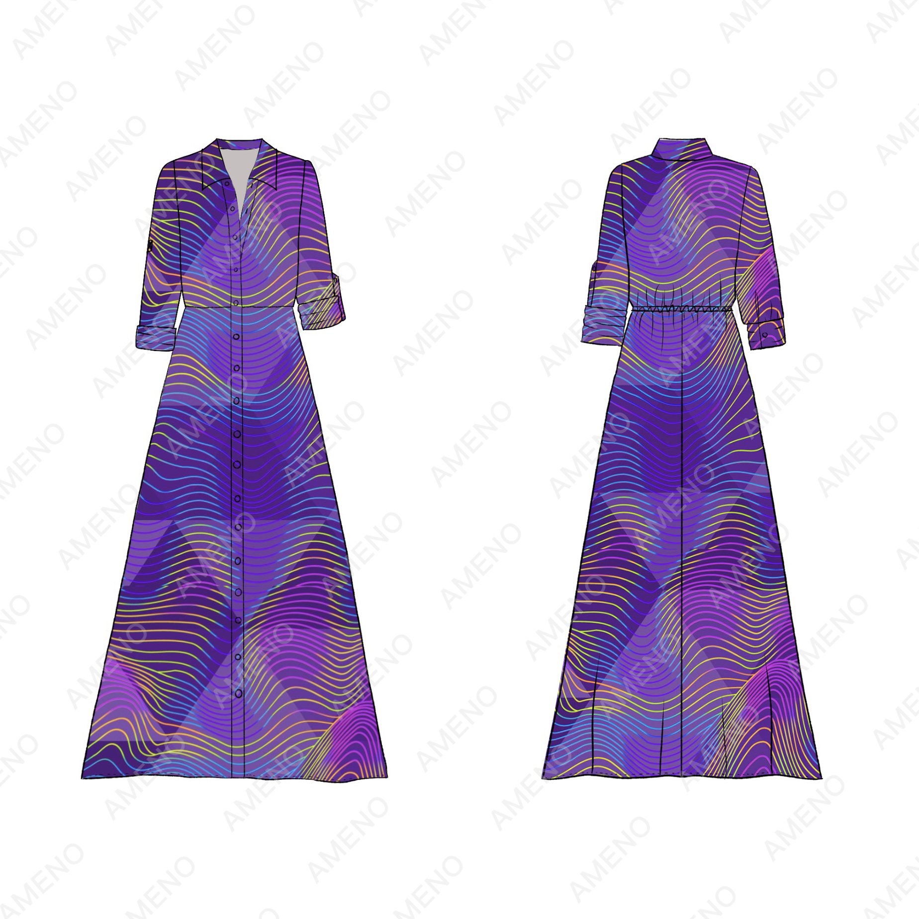 Custom Long Sleeved Casual Maxi Shirt Dress Elegant Daily Vacation Print Loose Breathable Dress For Women With Belt