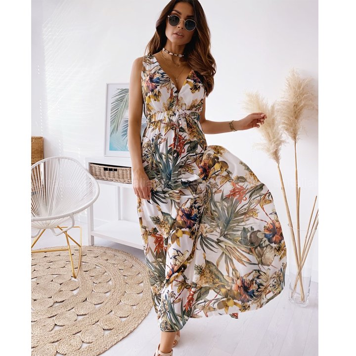 Womens Clothing Design Ladies Beach Dresses Women Long Sleeveless V-Neck Floral Print Casual Dress