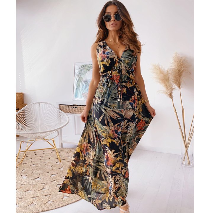 Womens Clothing Design Ladies Beach Dresses Women Long Sleeveless V-Neck Floral Print Casual Dress