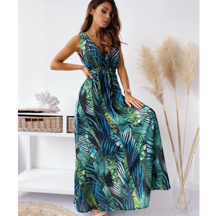 Womens Clothing Design Ladies Beach Dresses Women Long Sleeveless V-Neck Floral Print Casual Dress