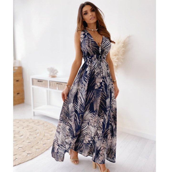 Womens Clothing Design Ladies Beach Dresses Women Long Sleeveless V-Neck Floral Print Casual Dress