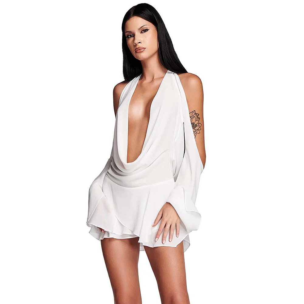 Off Shoulder Long Sleeve Sexy Cut Out Plunge Neck Chiffon Dresses Backless Hidden Zippers A line Women Casual Dresses