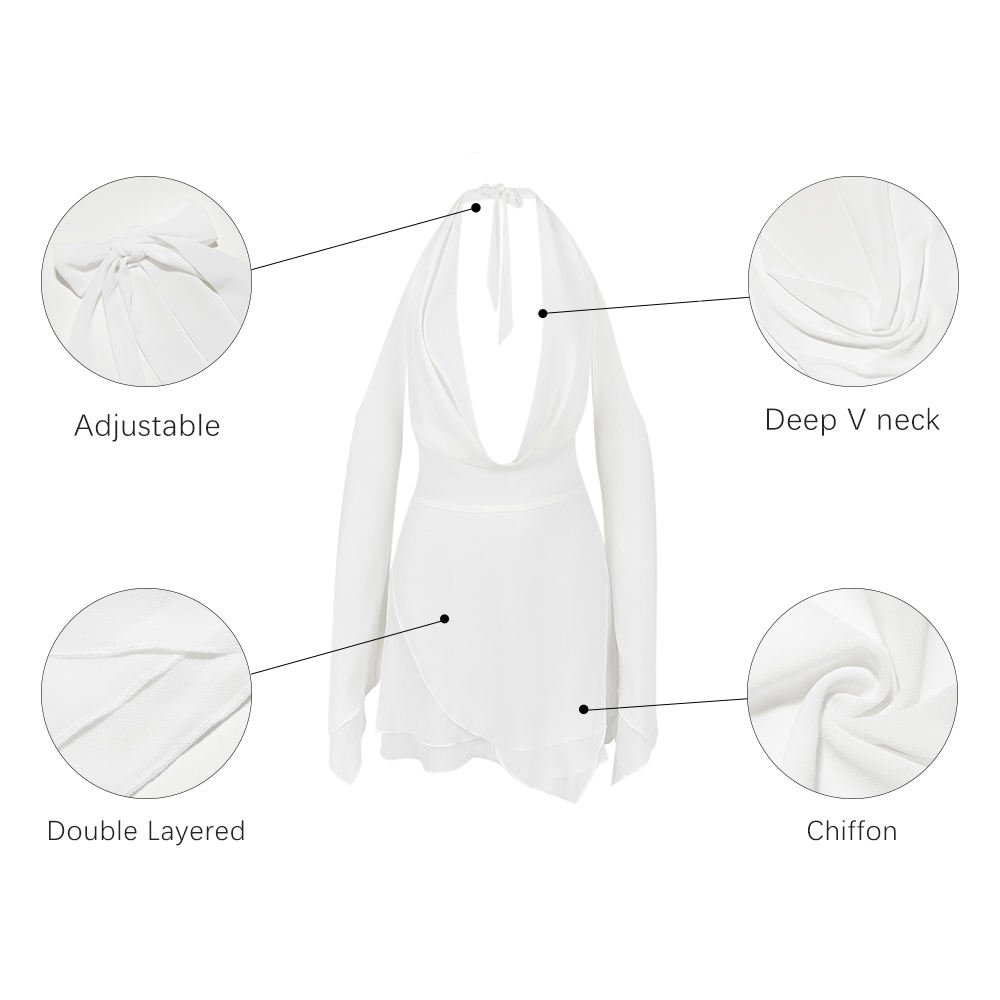 Off Shoulder Long Sleeve Sexy Cut Out Plunge Neck Chiffon Dresses Backless Hidden Zippers A line Women Casual Dresses