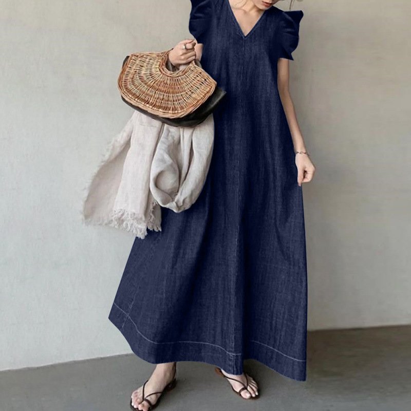 Hot Sale Women Casual Loose Dress Denim Fashion Summer Dresses Sleeveless V Neck Maxi Jeans Dress
