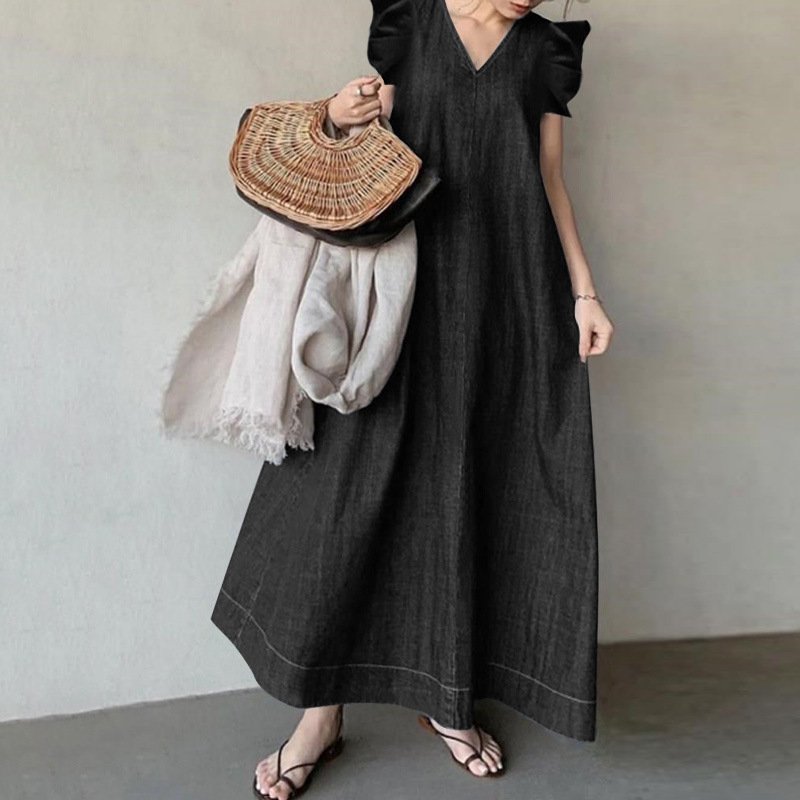 Hot Sale Women Casual Loose Dress Denim Fashion Summer Dresses Sleeveless V Neck Maxi Jeans Dress