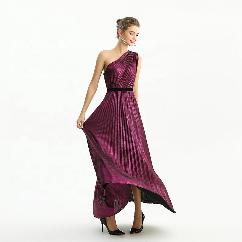 ND203 customize odm oem Fashion Elegant one shoulder pleated maxi long prom gown evening Casual Dress factory