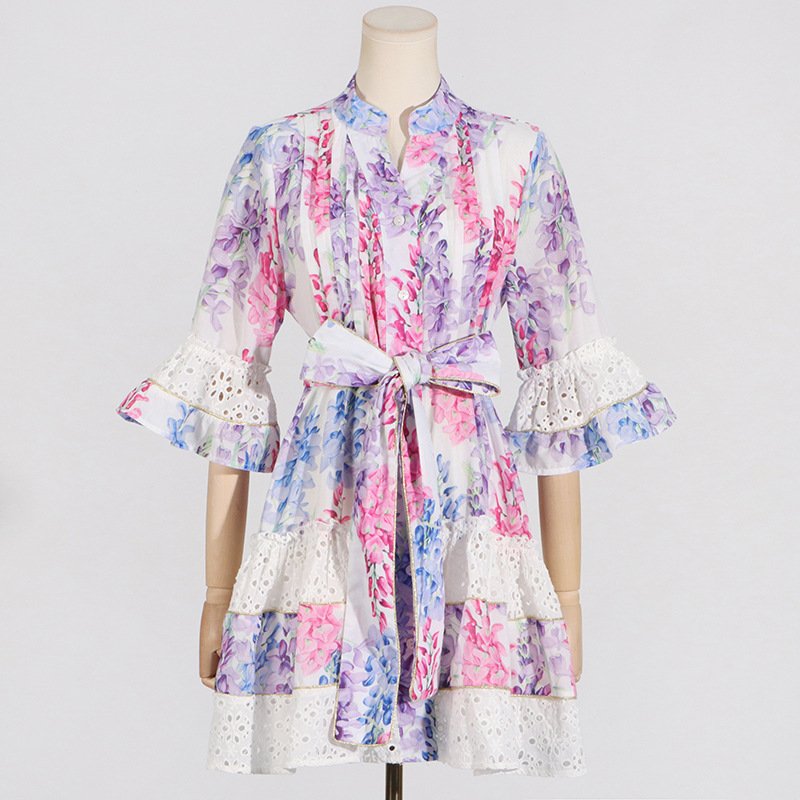 Hit Color Printing Casual Dresses For Women V Neck Flare Sleeve High Waist Patchwork Mini Bohemian Dress Female Fashion Beach