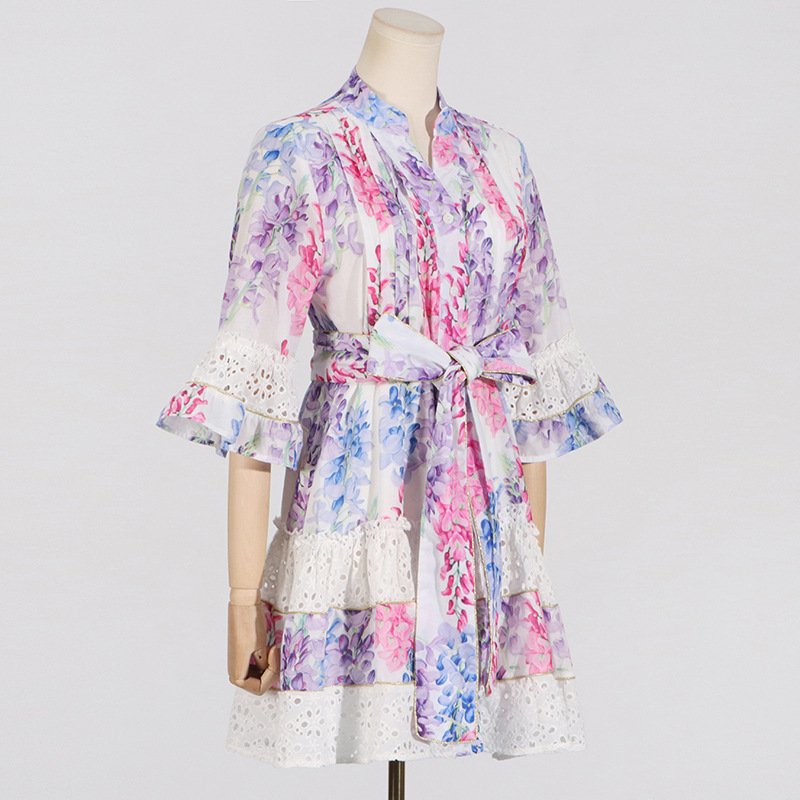 Hit Color Printing Casual Dresses For Women V Neck Flare Sleeve High Waist Patchwork Mini Bohemian Dress Female Fashion Beach