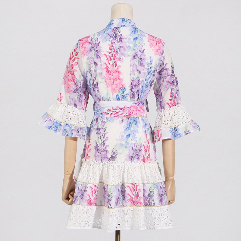Hit Color Printing Casual Dresses For Women V Neck Flare Sleeve High Waist Patchwork Mini Bohemian Dress Female Fashion Beach