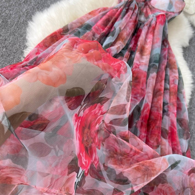 Spring and Autumn Printed Resort High End Women Summer Sexy Long Camisole Dress