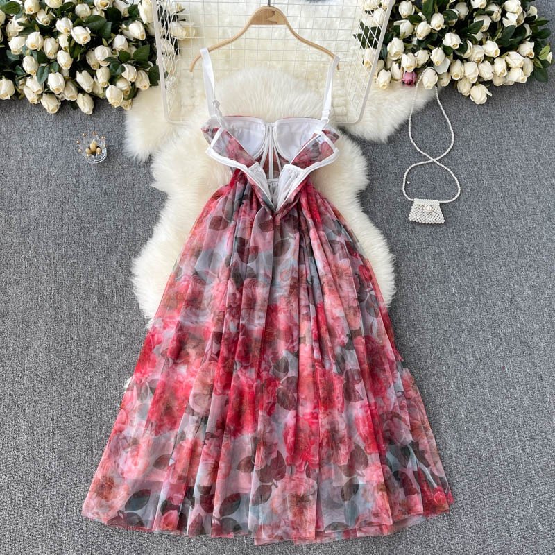 Spring and Autumn Printed Resort High End Women Summer Sexy Long Camisole Dress