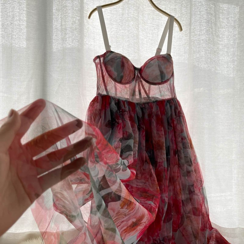 Spring and Autumn Printed Resort High End Women Summer Sexy Long Camisole Dress